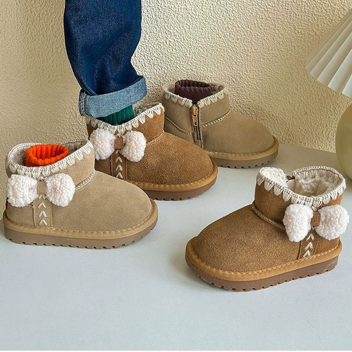 Корейские кожаные ботинки для девочек зимние плюшевые детские плюшевые банты принцесса короткие ботинки детские теплые хлопчатобумажные ботинки