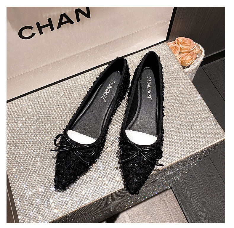 Giày nữ mũi nhọn đế mềm thấp, thắt nơ, kiểu xuân — Màu đen