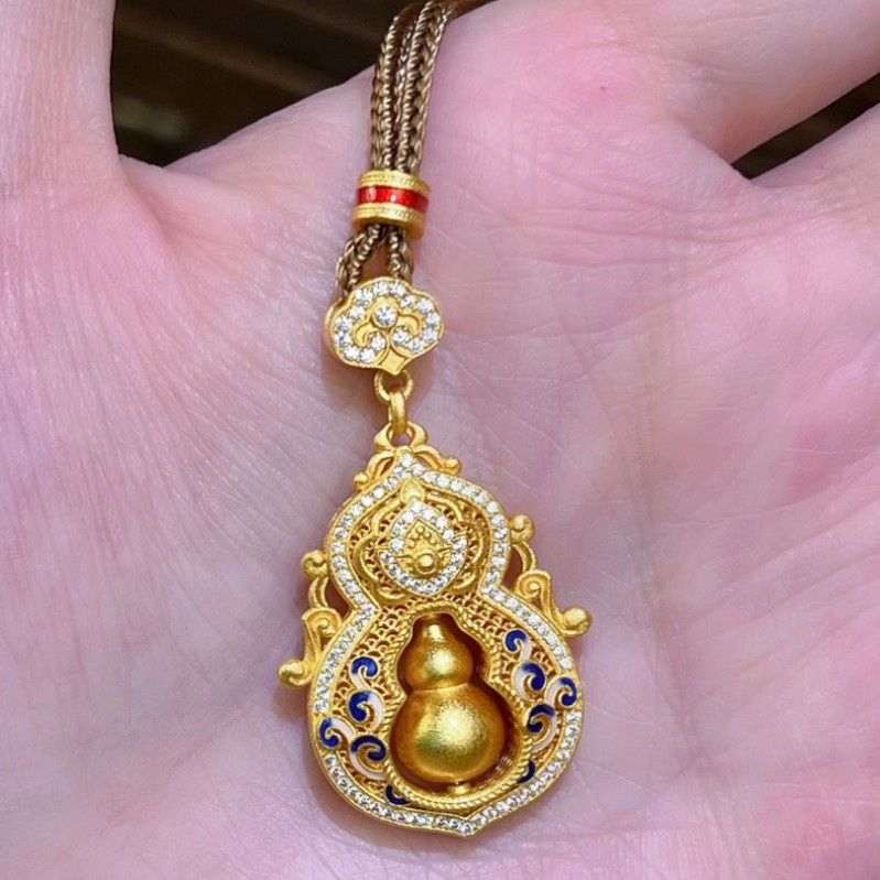 四美福禄黄金色微镶蓝色葫芦吊坠国风新中式长款项链配饰女毛衣链