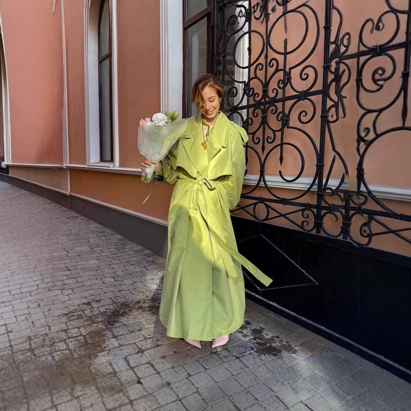 In Stock - Fashionable and Stylish Solid Color Belted Waist Trench Coat 2026 Cross-Border European and American Style Autumn New Model