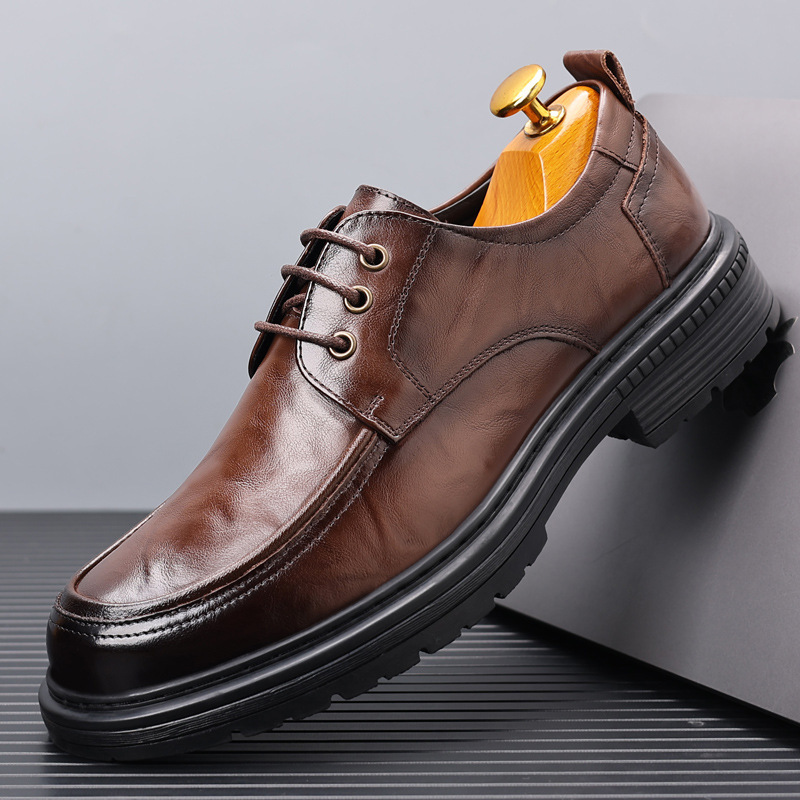 New Men's Top Layer Cowhide Casual Leather Shoes Big Head Thick Bottom Genuine Leather Business Dress Men's Shoes Breathable Single-Layer Shoes for Men