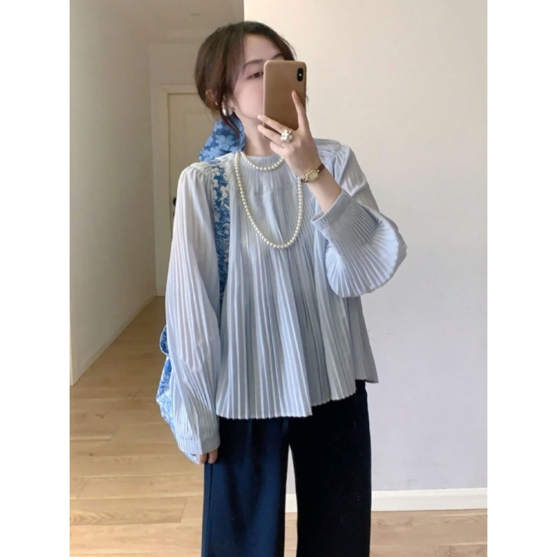 Light Blue Accordion Pleated Round Neck Long-Sleeved Shirt for Work Clothing, Unique and Beautiful Design Top 2025 Autum