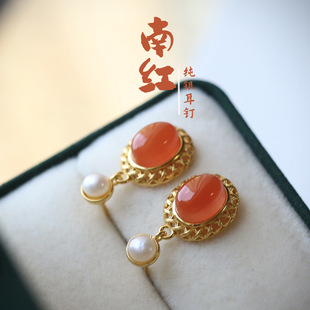 Natural Sichuan Material Cherry Red Southern Red Earrings All over 925 Sterling Silver Egg Surface High Goods Can Produce Certificate New Chinoiserie Earrings