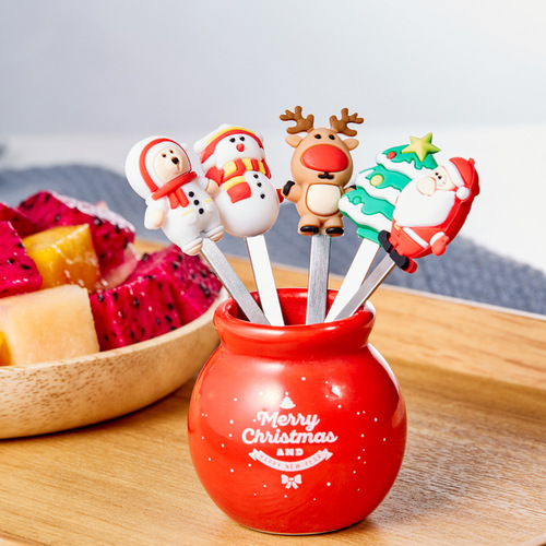 Christmas cartoon fruit fork household stainless steel storage jar set cute and safe fruit picks for children