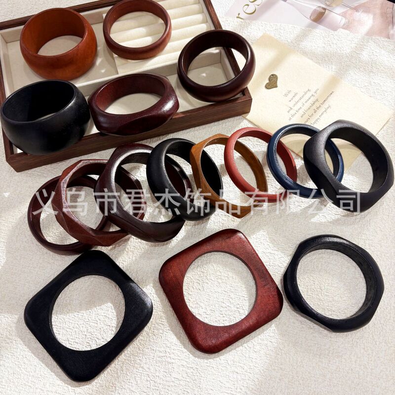 Retro Style Wide Wooden Bracelet Niche High-End Elegant Ethnic Style Exaggerated Stylish Stacked Bracelet Accessories for Women