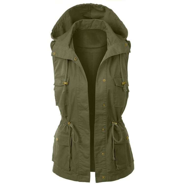European and American Cross-border Fashion Solid Color Hooded Drawstring Workwear Vest Large Size Vest Sleeveless Jacket for Women