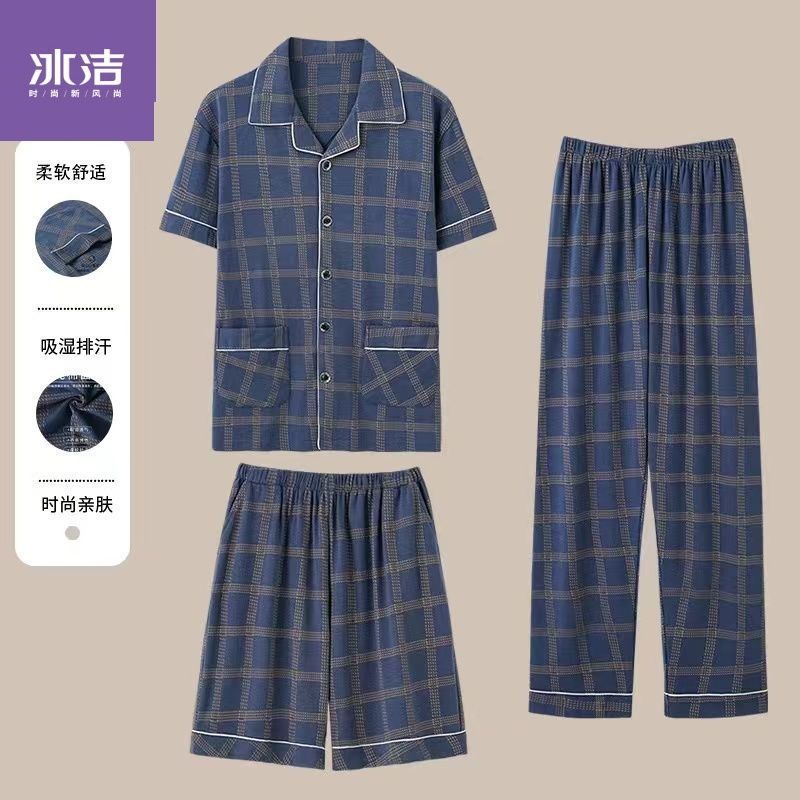 100% pijamas de algodón de los hombres de verano cardigan pantalones cortos de manga corta pantalones de tres piezas delgada más tamaño homewear traje