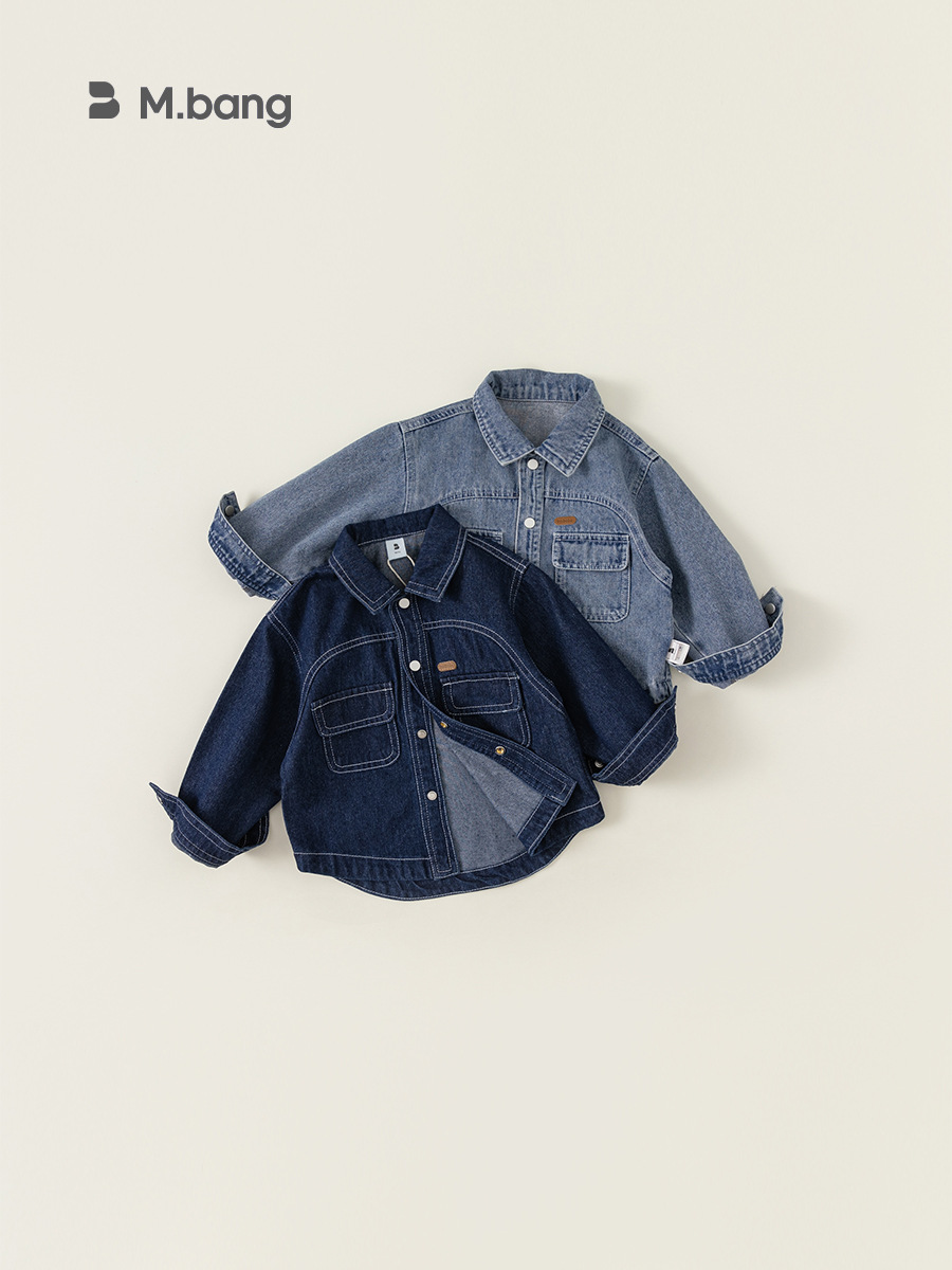 Ropa infantil Bangxuan, chaqueta para niños, camisa con costuras decorativas y cuello vuelto, ropa de mezclilla de manga larga para primavera y otoño, top para niñas