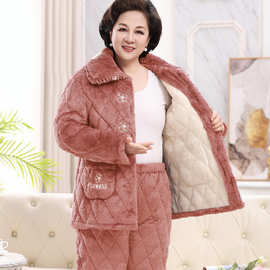 冬季睡衣女中老年翻领加厚三层夹棉套装提花开衫保暖家居服