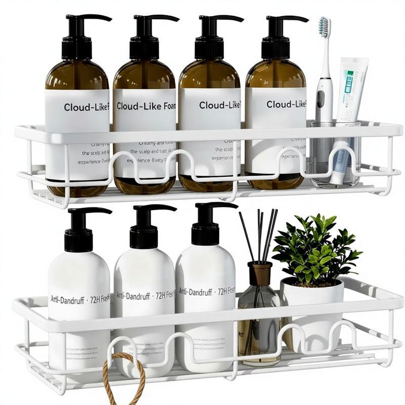 Double-Layer No-Drill Large-Capacity Corner Shower Shelf, No-Drill Kit, 2-Piece Bathroom Organizer