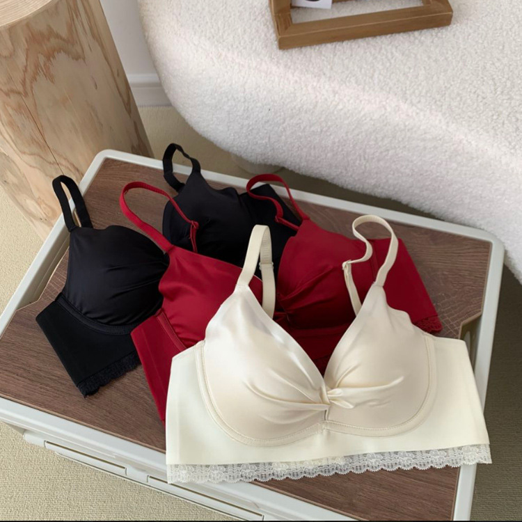 Nuevo retro Satén de encaje látex inconsútil mantenimiento ropa interior traje pequeño pecho medio grueso soporte superior empuja hacia arriba el sujetador 3919