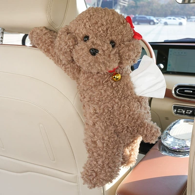 Car Tissue Box Plush Doll Car Seat Back Hanging Tissue Bag Creative Multifunctional Car Decoration Tissue Box (Car tissue box/set) - teddy-puppy-tissue-box-brown