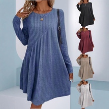 2025欧美亚马逊独立站秋冬季圆领长袖不规则磨毛坑条纯色连衣裙女
