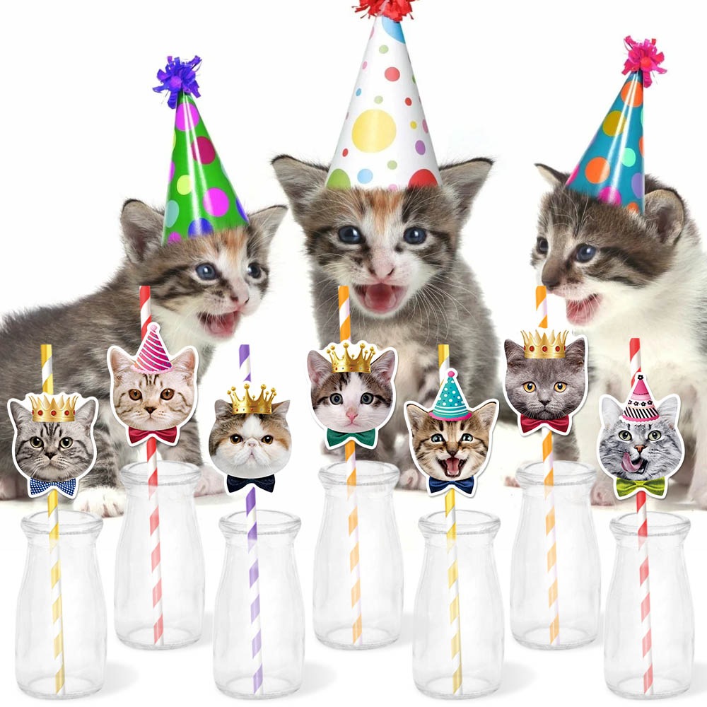 Tema de gato mascota decoración de fiesta de cumpleaños plug-in de pajita decoración de cara de gato tapón de pajita decoración de fiesta de cumpleaños