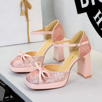 9899-H116 Thick Heels Women's Waterproof Platform Suede Bow Square Head Versatile Straw Hollow Single Shoe