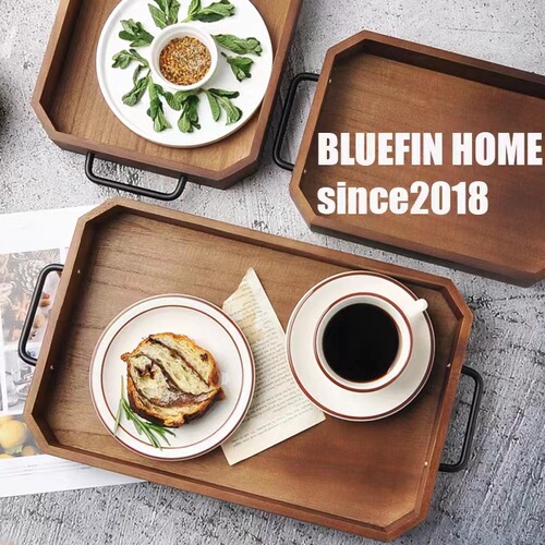 ins retro rectangular Nordic American Korean solid wood iron handle tea tray coffee cup dining solid wood tray