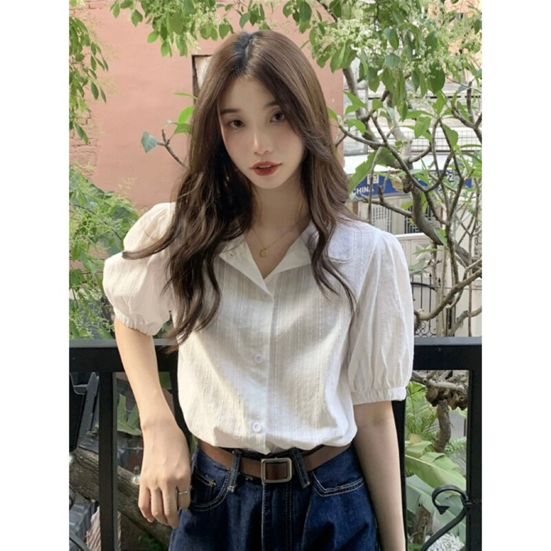 Pure Cotton Lace-Trimmed Short-Sleeve Shirt for Women, Summer Style, Petite Size, Sweet Doll Collar Design, Stylish Cardigan Top Pure Cotton Lace-Trimmed Short-Sleeve Shirt for Women, Summer Style, Petite Size, Sweet Doll Collar Design, Stylish Cardigan Top