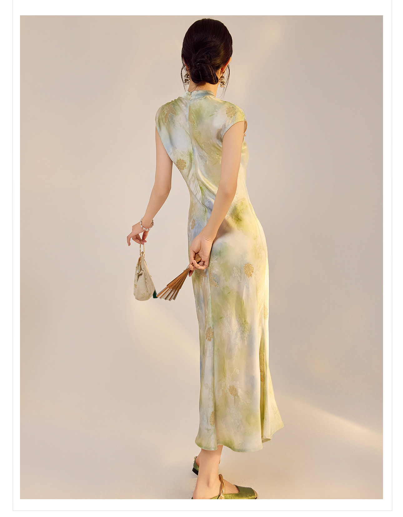 Váy Qipao cải tiến cao cấp phong cách Trung Quốc mới, in họa tiết tinh tế, cổ đứng ôm sát N5008 — Hiển thị màu xanh chi tiết 15