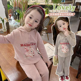 女童套装春季新款韩版洋气女宝宝兔子连帽卫衣洋气儿童休闲两件套