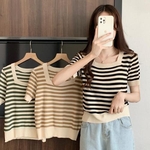 Women's Summer Design Stripe Short Sleeve T-Shirt Pure Desire Sweet Fitted Slimming French Unique Crewneck Knit Top