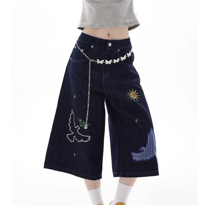 楽しい刺繍デザインのジーンズ、女性用クロップドパンツ、アメリカンハイストリートルーズワイドレッグパンツ、カジュアルな個性のミッドパンツ|undefined