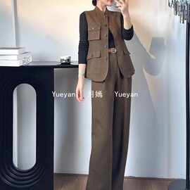 欧货春秋气质立领多口袋修身马甲套装直筒裤简约两件套