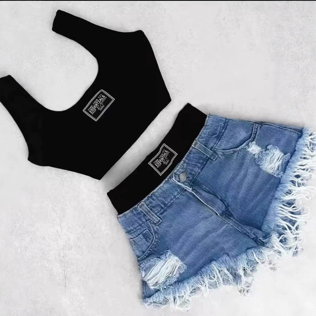 Универсальные джинсовые шорты Slim fit, топ без бретелек, комплект из топа и камзола для женщин, тренд 2025 года, кросс-бордер, чистое желание, горячая девушка