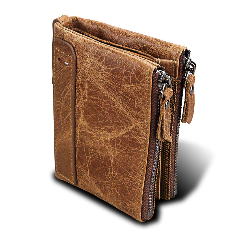 Mad Horse Cowhide Men's Wallet RFID Anti-theft Brush Cowhide Short Men's Ticket Case Money Clip Double Zipper Zero Wallet 