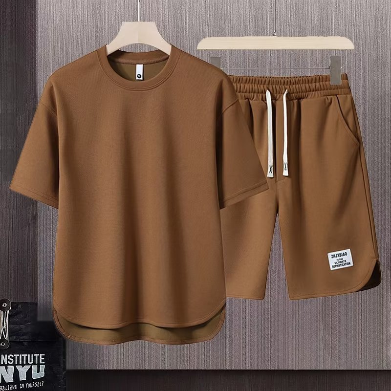 024 Ice Silk Sports Leisure Suit Men's Summer Thin Teenagers Loose Short-sleeved T-shirt Shorts Set of Handsome Matching