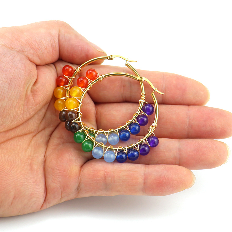 1 Pair Quantity 1 Pair Retro Simple Style Round Beaded Plating Natural Stone Copper Hoop Earrings