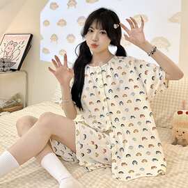 6040棉#睡衣女款夏天宽松短袖短裤夏季春秋少女士家居服套装翻领