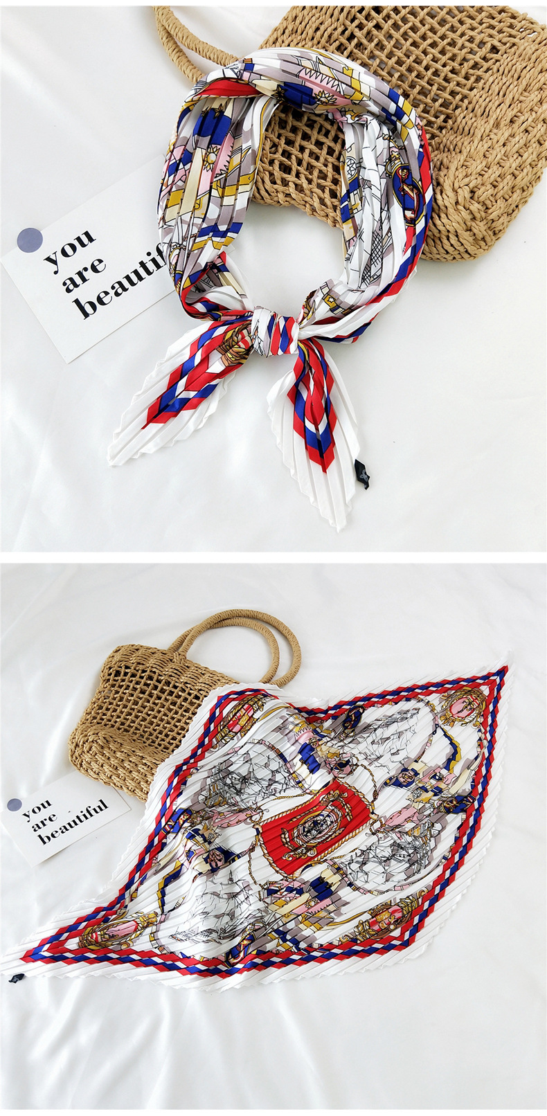 45g Weight Silk Scarf Classification Travel Occasion Silk Material Unisex Gender Sweet Style Khaki, Grey, White, Red, Green, Blue, Yellow, Black Color Korean Pleated Silk Square Scarf 6