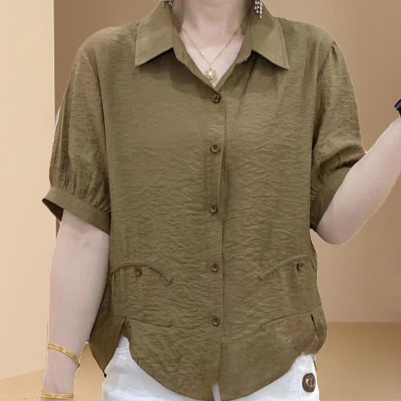 Women's Loose Short-Sleeved Summer New Tops and Shirts, Simple Elegant, Pure Color Buckle, Casual and Fashionable Thin Shirts