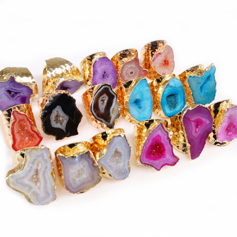 Natural Stone Inlay Material Casual Irregular Agate Brass Natural Stone Wholesale Open Ring