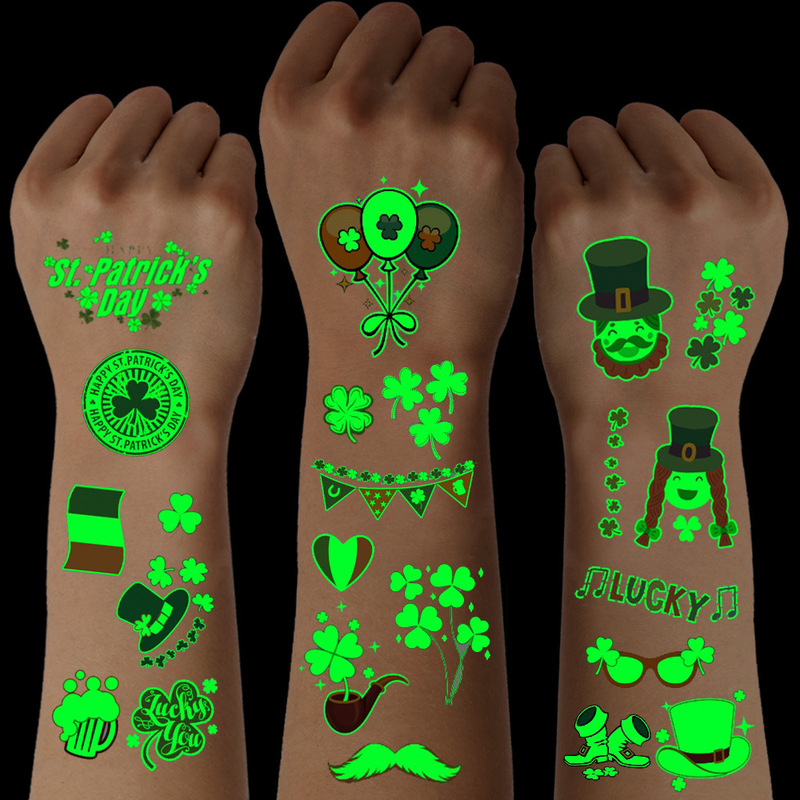 Tattoo Sticker Luminous Green Hat Clover St Pattrick Festival Irish Festival Luminous Temporary Sticker Cross Border