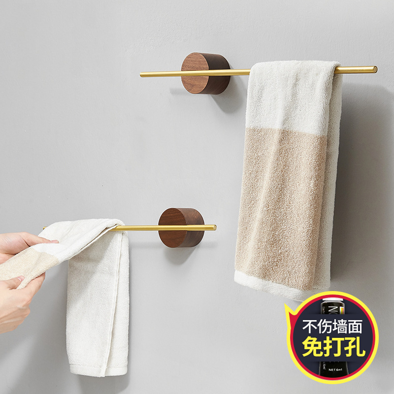 Towel Rack Punch-free Bathroom Towel Rack Bathroom Towel Bar Single Pole Solid Wood Space Aluminum Walnut Hanger