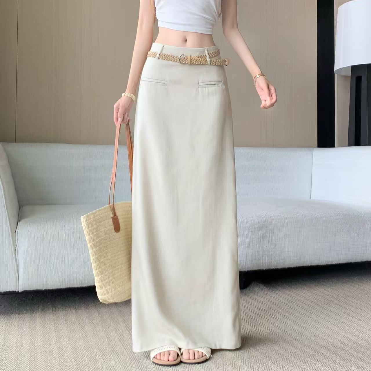High-quality apricot cotton linen straight skirt for women, summer 2026 new style, high-waisted, slimming, casual bodycon skirt.