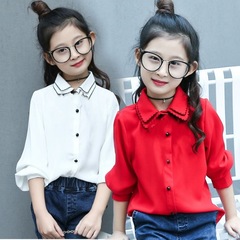 Girls' Blouse Children Medium-Large Children Spring and Autumn Flowered Peter Pan Collar Thin Chiffon Long-Sleeve Blouse Base Shirt