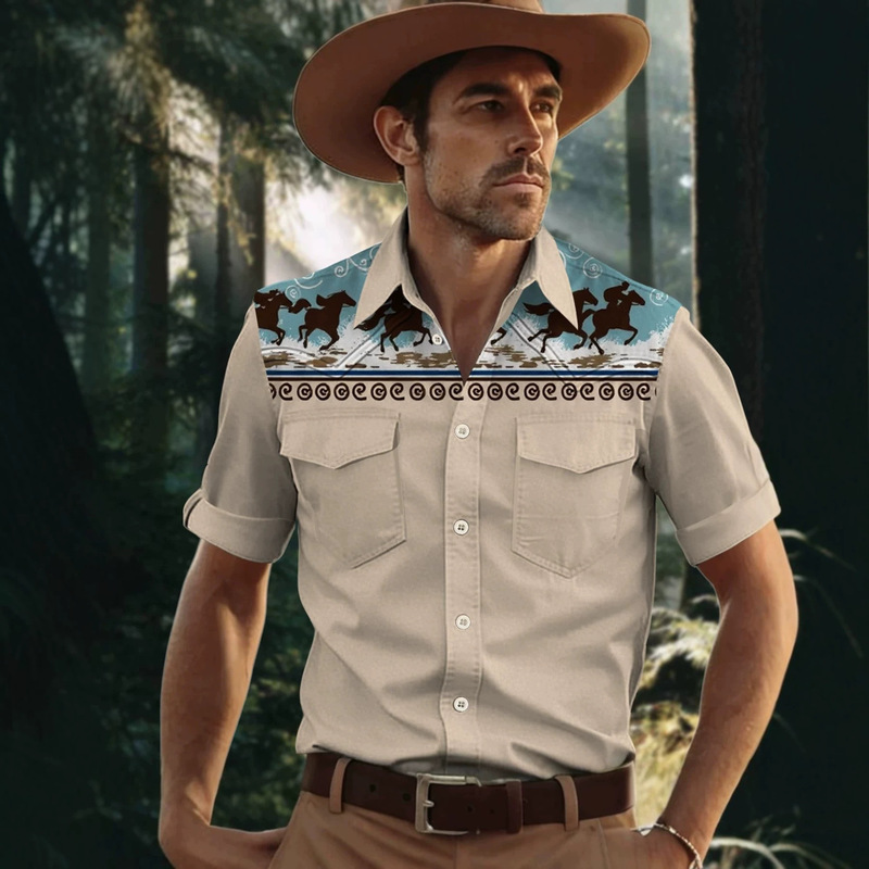 2026 New Style Western Tribal Ethnic Lapel Men's Casual Sports Outdoor Street Short-Sleeve Shirt with Double Pockets and Buttons