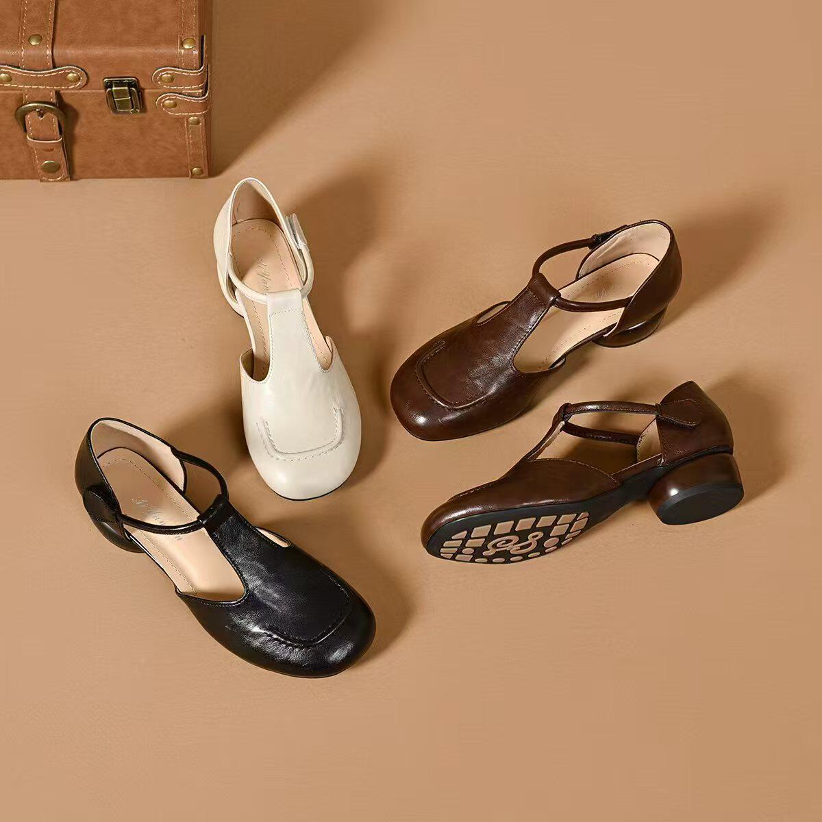Sandal nữ da thật mũi tròn gót vuông quai ngang đế mềm — màu nâu chi tiết 9