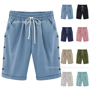 New European and American Summer Solid Color Sports Casual Shorts for Women, Thin Loose Button Mid-Length Shorts for Outdoor Wear