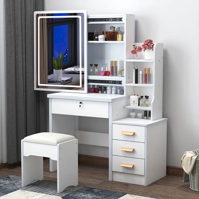 Tocador para apartamentos pequeños, montaje moderno y sencillo, espejo deslizante para dormitorio de princesa, mesa de maquillaje con panel de almacenamiento creativo.