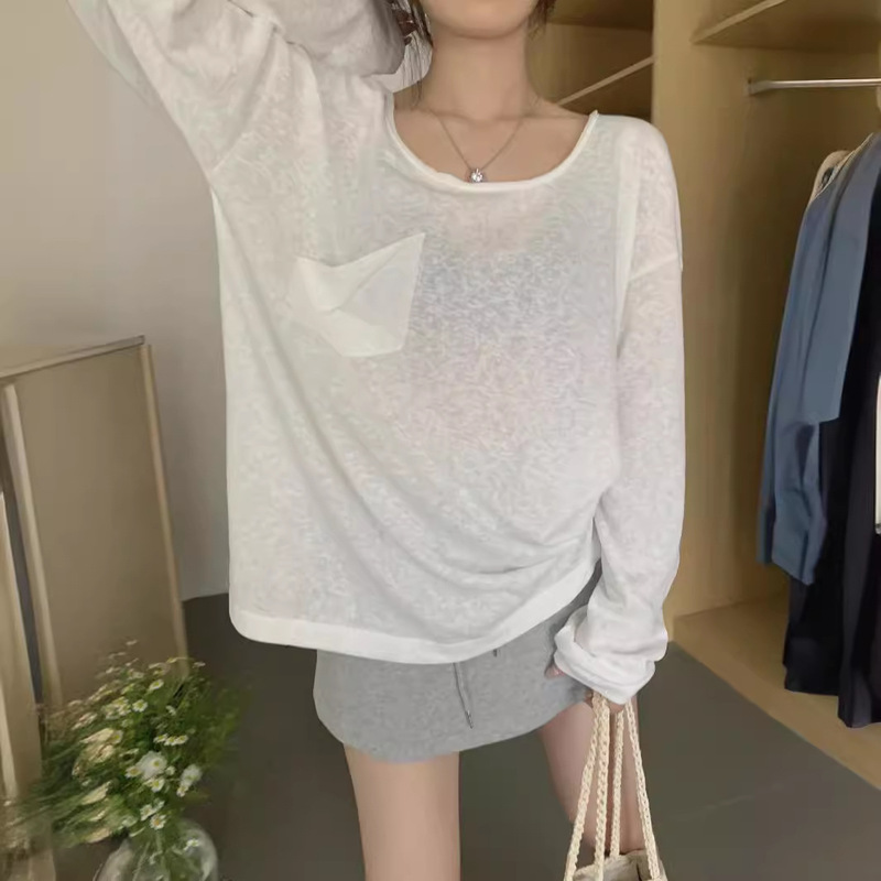 White Lazy Style Long-sleeved T-shirt Women's Summer Perspective Thin Sunscreen Blouse Lightweight Loose Relaxation Top