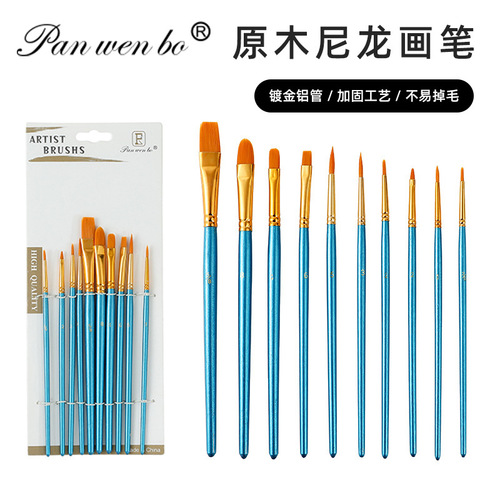 Panwenbo Oil Paint Brush 10 Pack Pearlescent Blue Nylon Paint Brush Hook Line Pen Watercolor Water Chalk Set Wholesale
