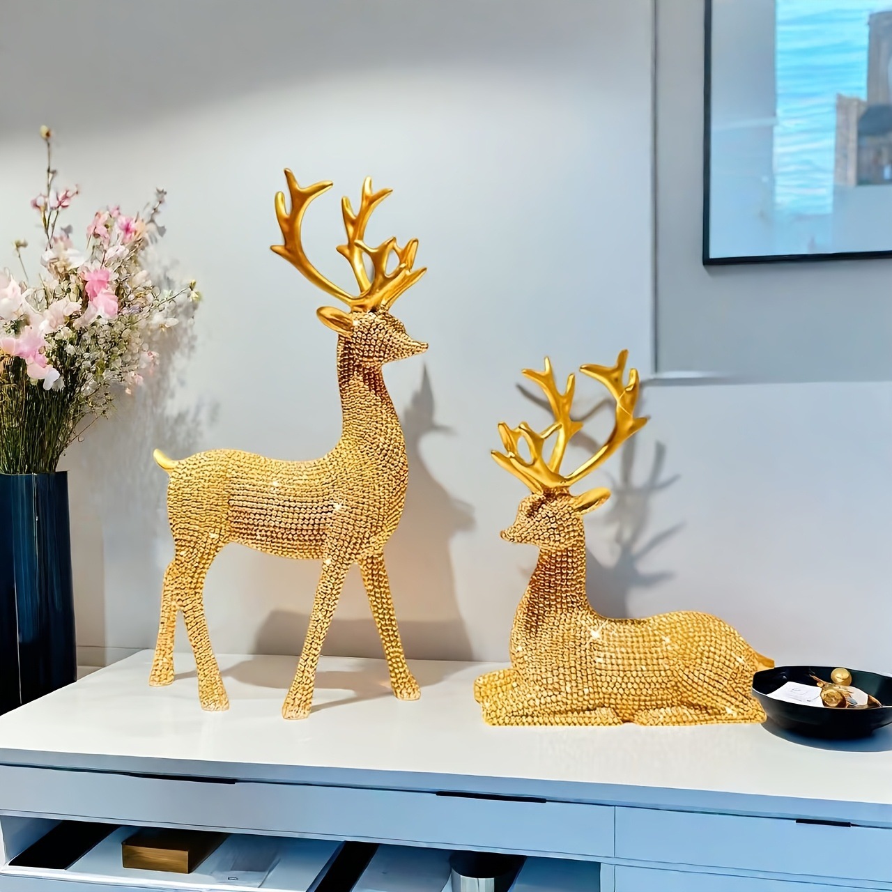 El estilo europeo de ciervo conjunto de resina artesanía animal ciervo adornos armario de sala de estar para el ciervo bambú trenzado adornos regalos