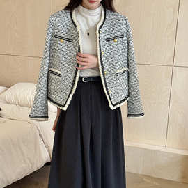 [本初]24秋冬气质拉毛小香风外套女金扣圆领小个子粗花呢短款上衣