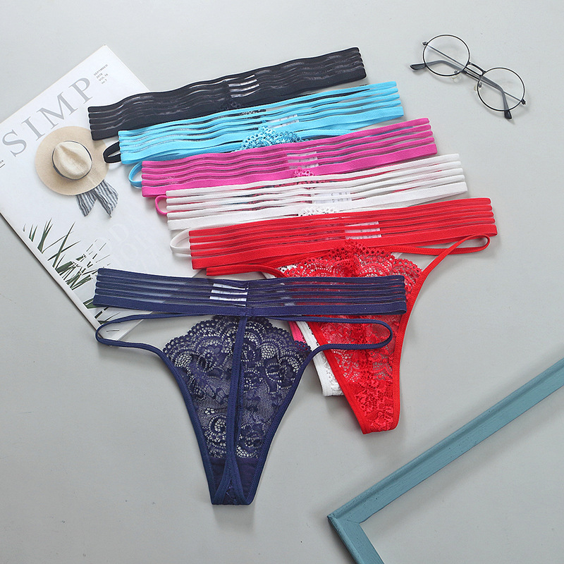 外贸性感透明丁字裤女士中腰内裤棉档T裤大码情趣蕾丝边内裤