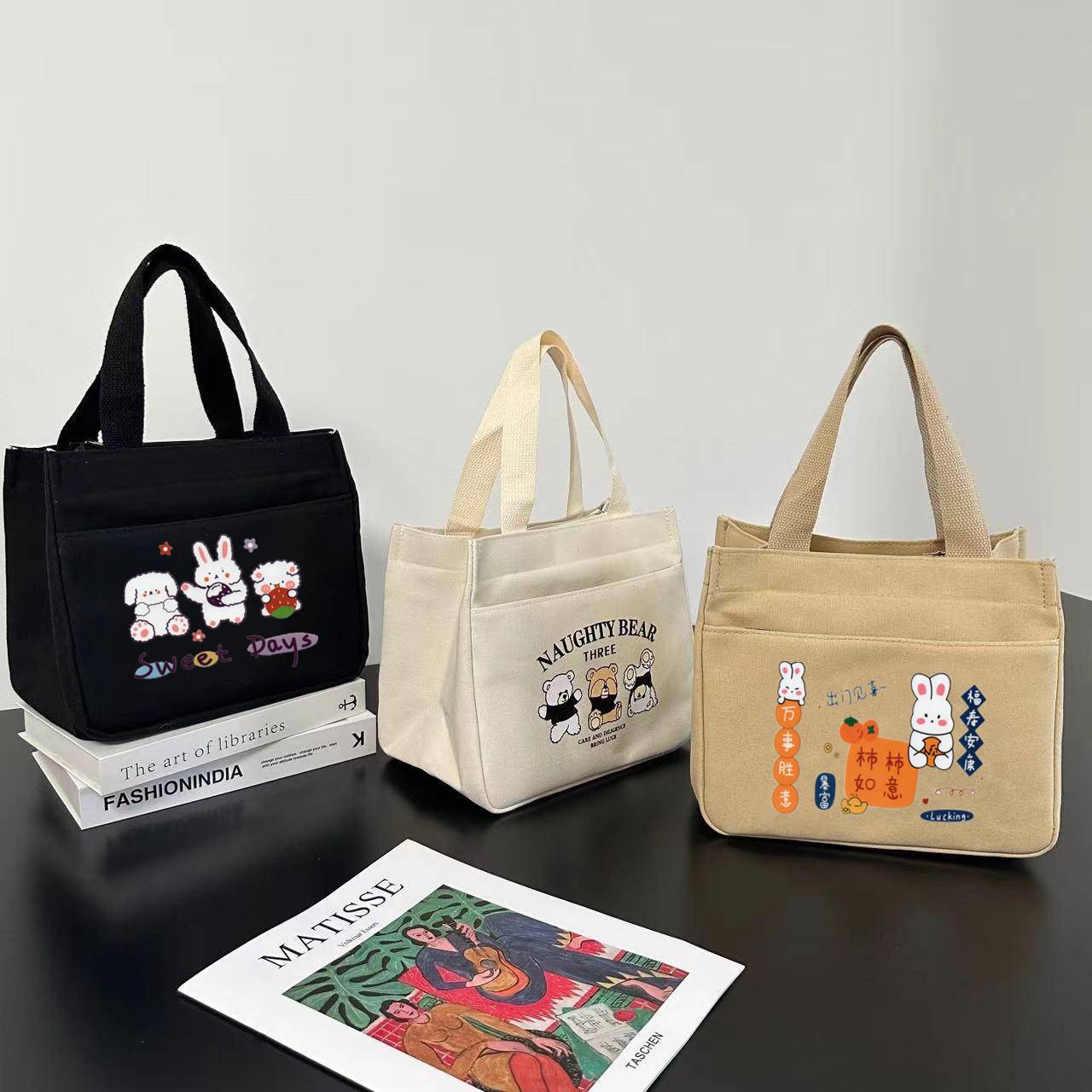 帆布手提包小巧百搭上班族便当包新款学生大容量饭盒袋简约手提袋