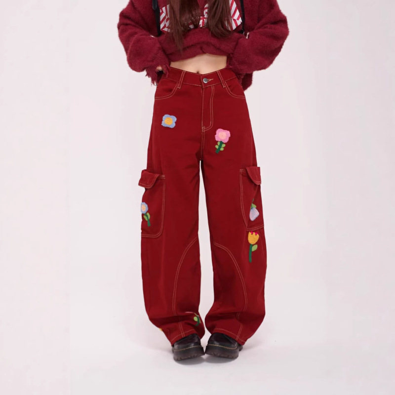 American Retro Multi-Pocket Floral Embroidered Jeans for Women, Straight-Leg Work Pants, Spring and Summer Loose Slim-Fit Parachute Pants