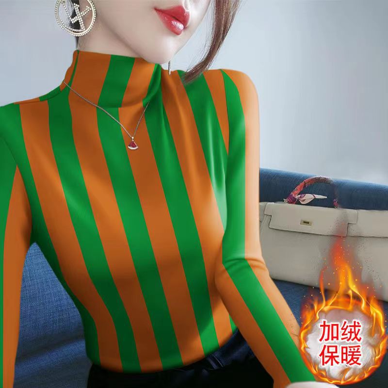 Jinhane New Vertical Striped Long-Sleeve T-Shirt for Women, Autumn and Winter Fleece Base Layer, Slim Fit, Versatile, Half-High Collar, Thickened